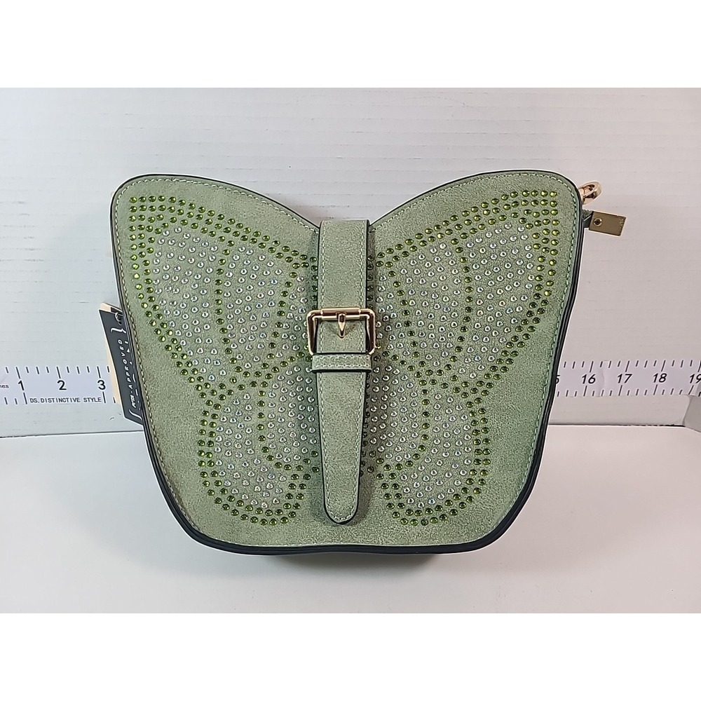 Mellow World Butterfly Shaped Light Green Purse Crossbody Rhinestones